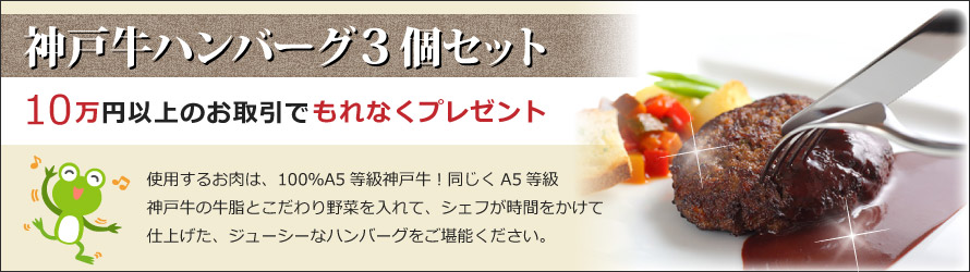 10万円以上のお取引で、神戸牛ハンバーグ3個セットをもれなくプレゼント
